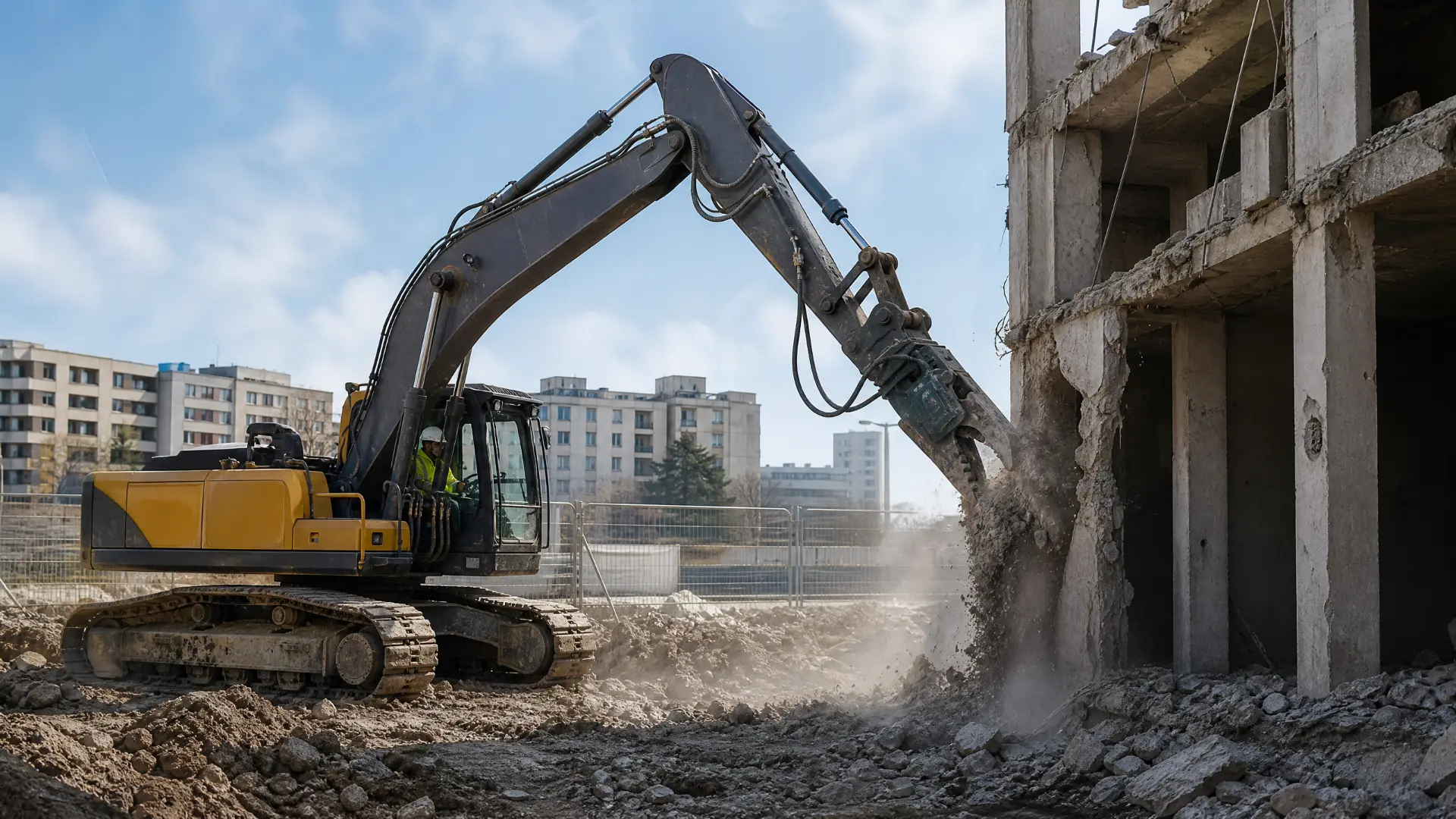Abbruchbagger beim Rückbau eines Stahlbetonbaus