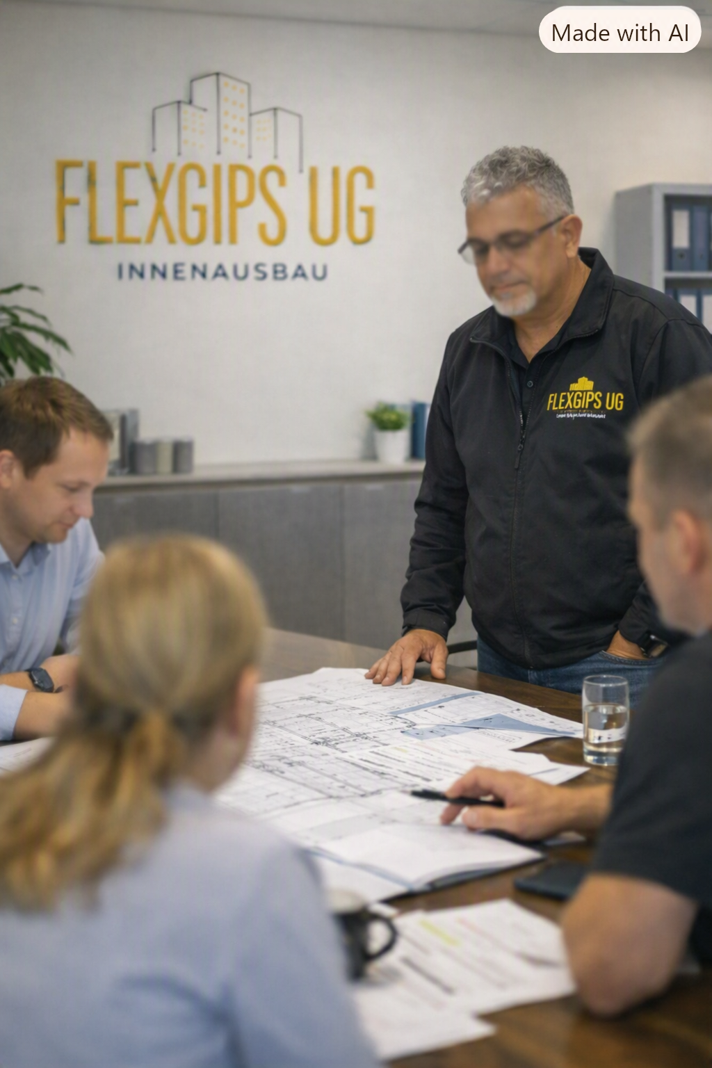 [IMG: Team bei Planbesprechung] Planbesprechung im Büro der FLEXGIPS Innenausbau UG