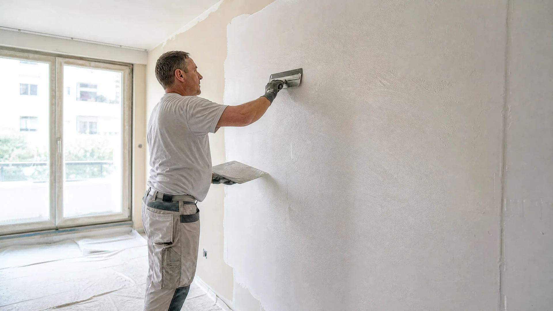 Vollflächige Feinspachtelung einer Wand in Qualitätsstufe Q4