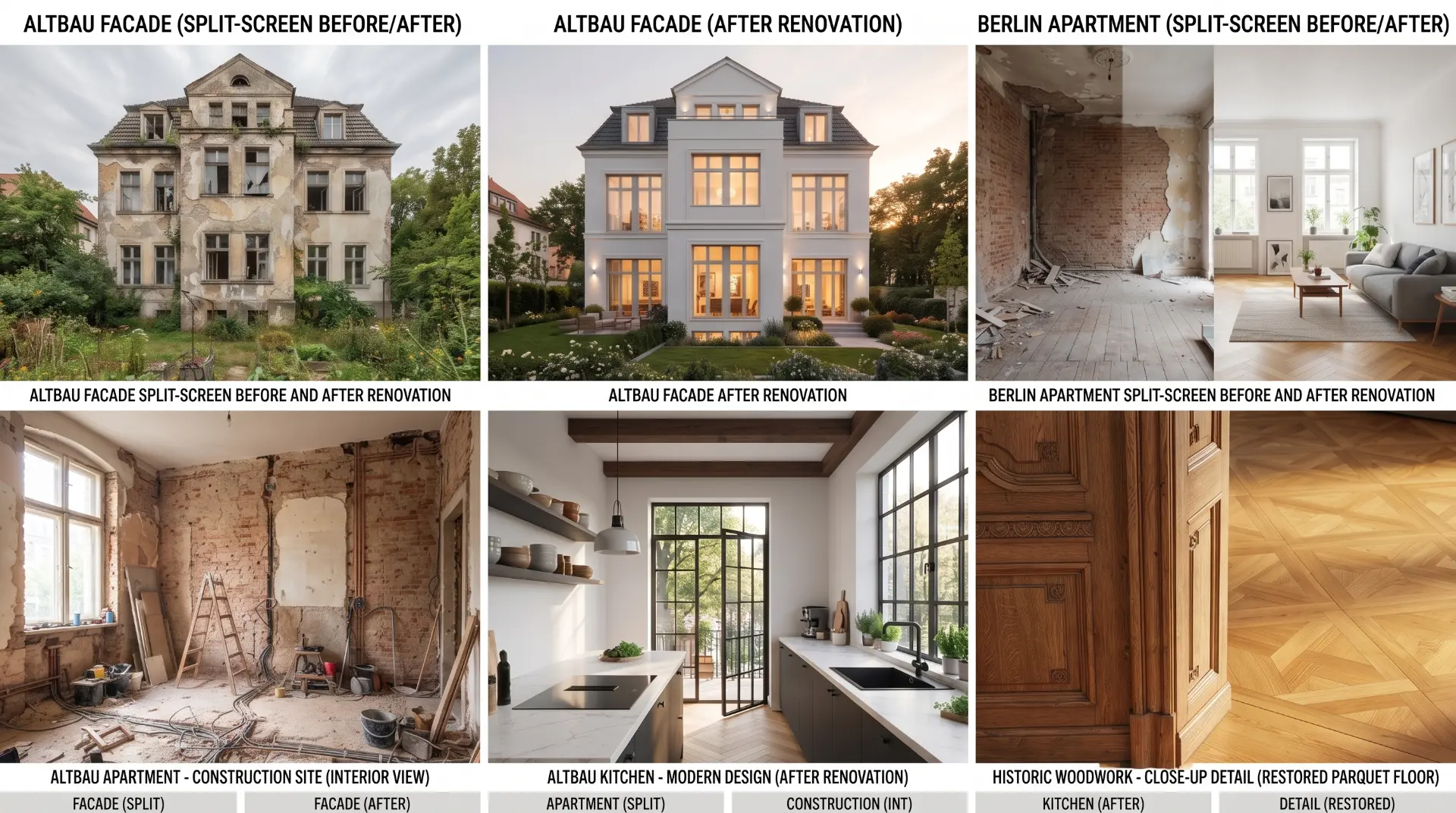 Altbausanierung – Vorher/Nachher-Collage von Fassade, Wohnung und historischem Holzwerk