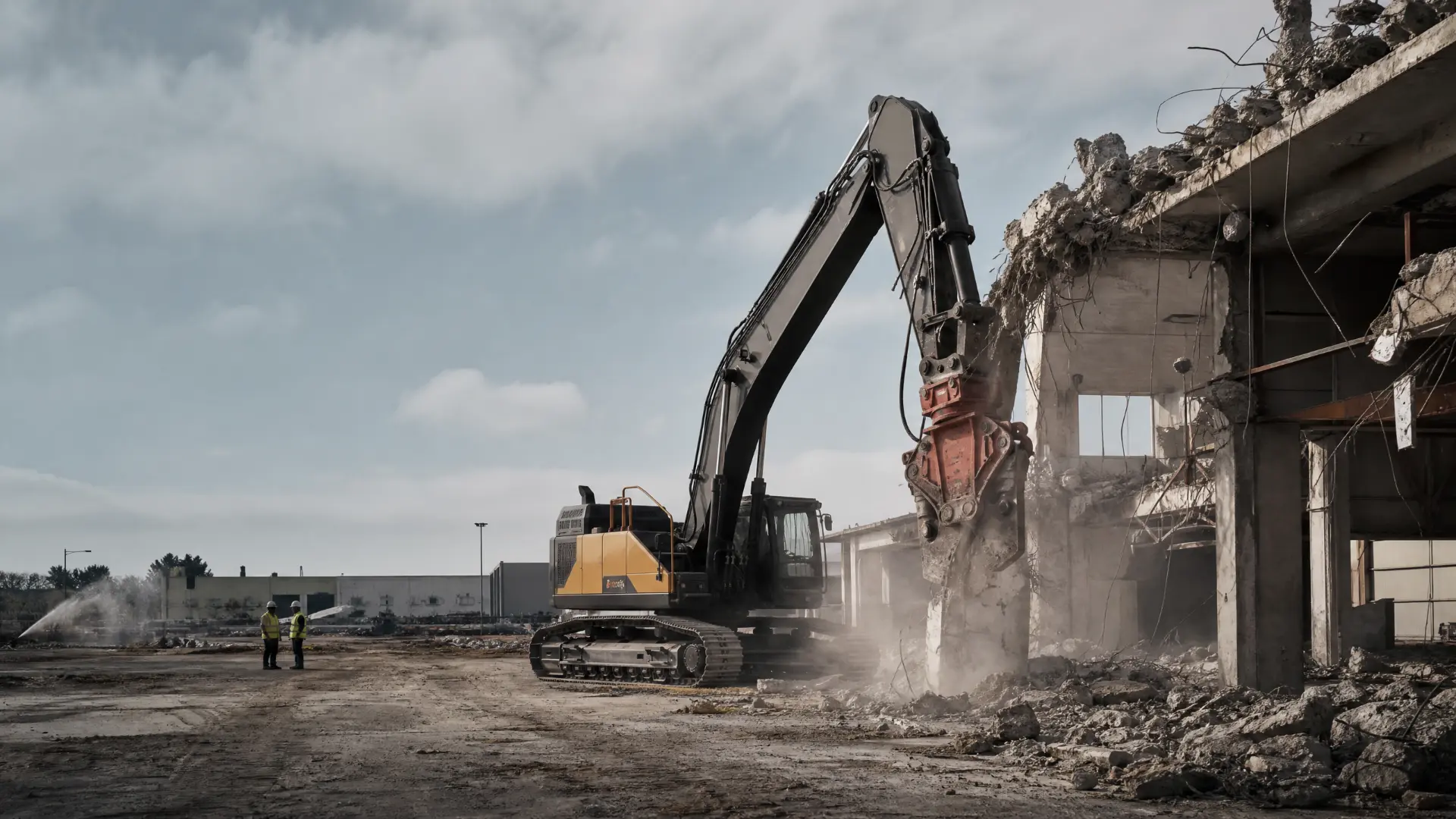 Abbruchbagger mit Betonpulverisierer beim Rückbau einer Halle