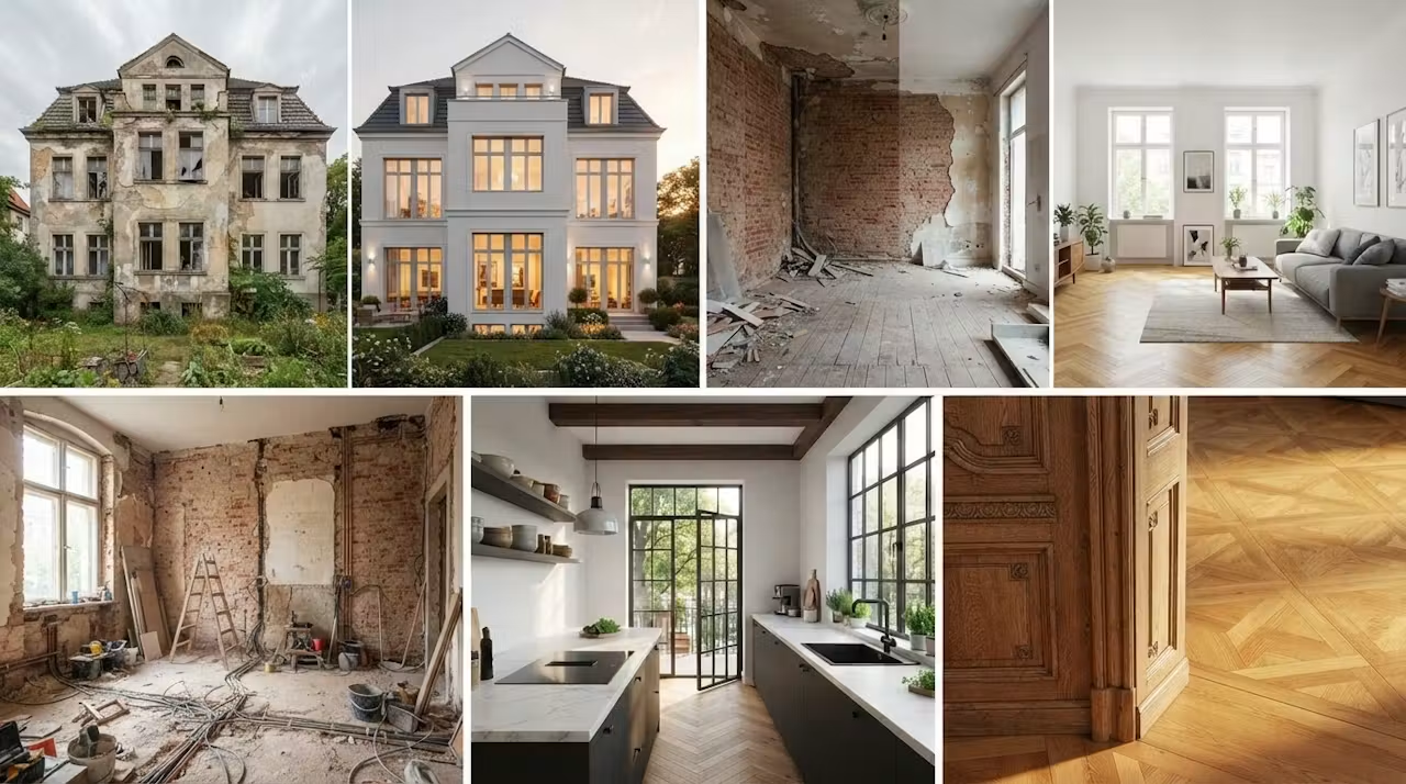 Altbausanierung – Übersicht über Fassade, Wohnräume und restaurierte Details