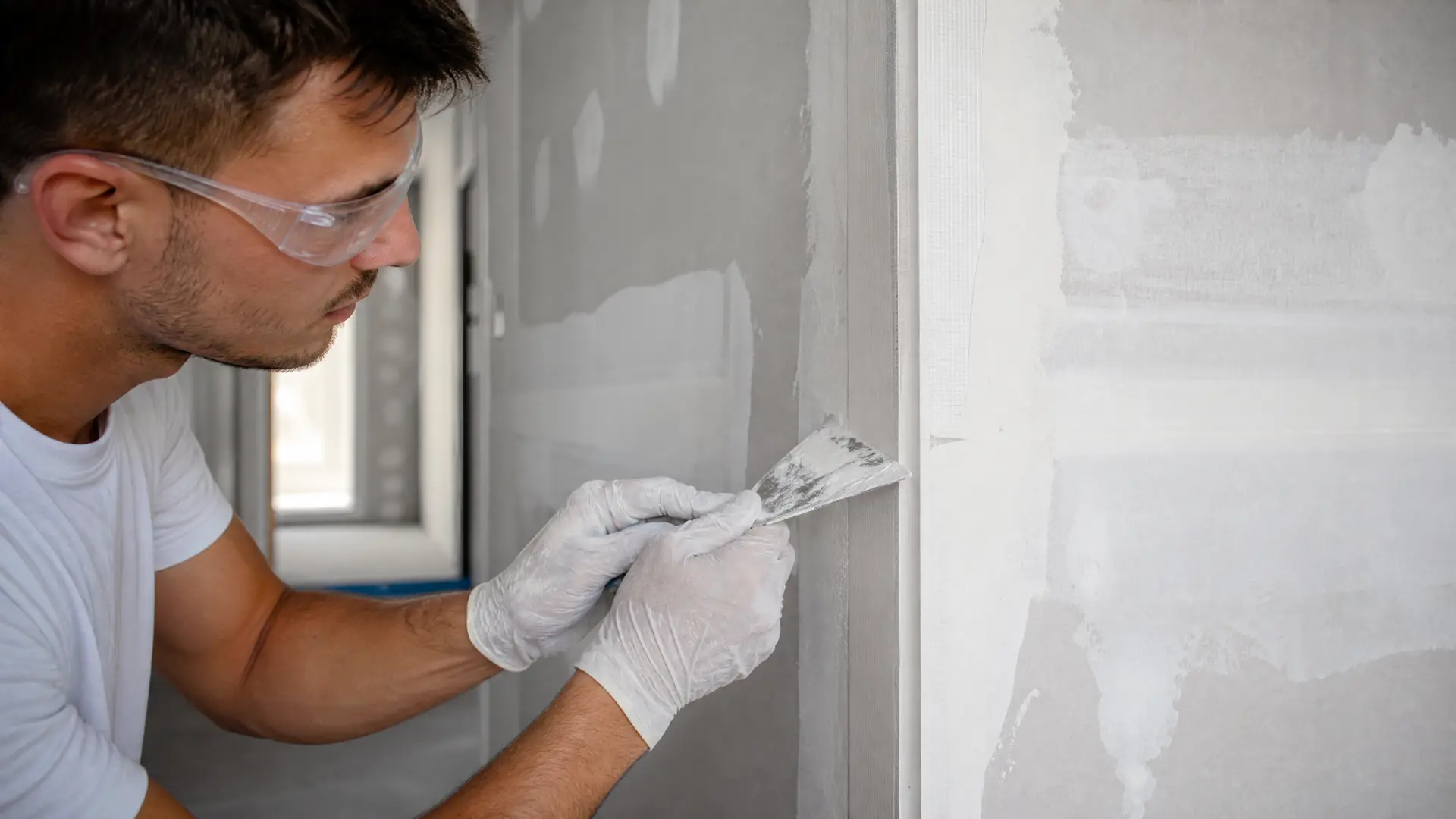Detailarbeit an einer Fuge mit Spachtel und Bewehrungsstreifen