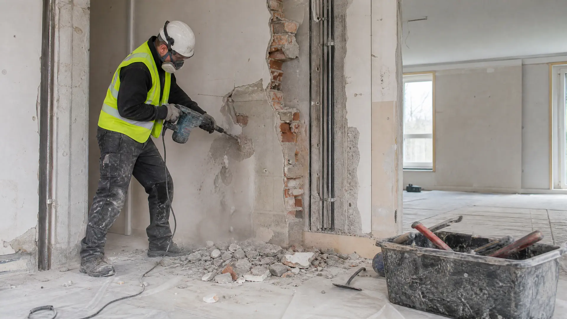 Handwerker stemmt einen Wanddurchbruch mit dem Bohrhammer
